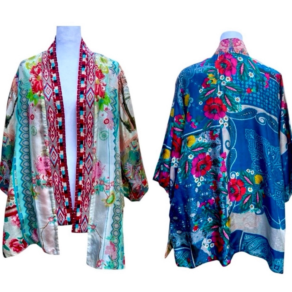 Like New Johnny Was Silk Floral Kimono Jacket Reversible embroidered rose xs S